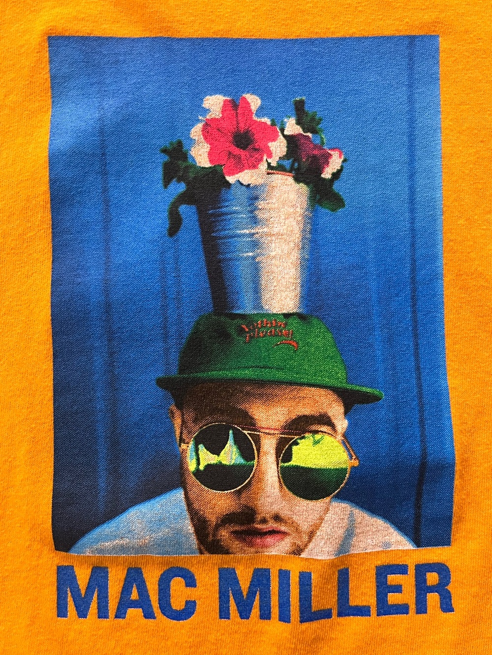 Mac Miller Graphic Tee — Bright Orange with Blue & Green Print